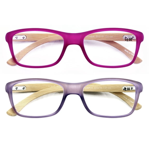 2 Pairs Geniune Bamboo Women Reading Glasses - Fun Color Clear Lens Reader 7015 +2.00