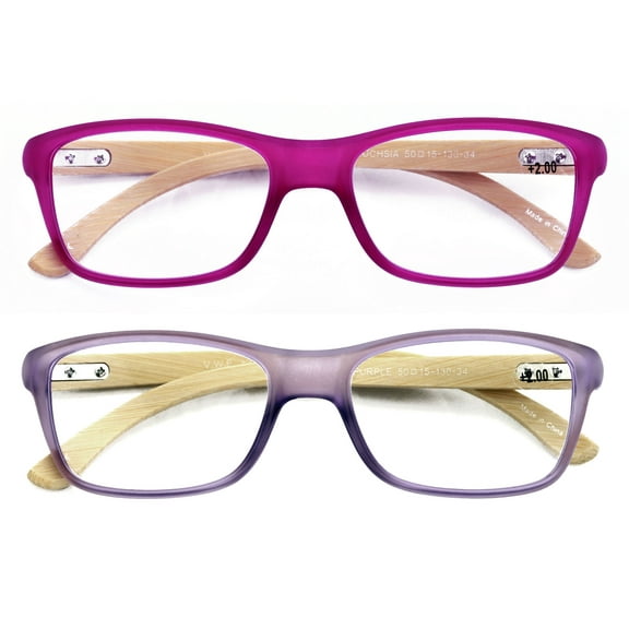 2 Pairs Geniune Bamboo Women Reading Glasses - Fun Color Clear Lens Reader 7015 +3.00