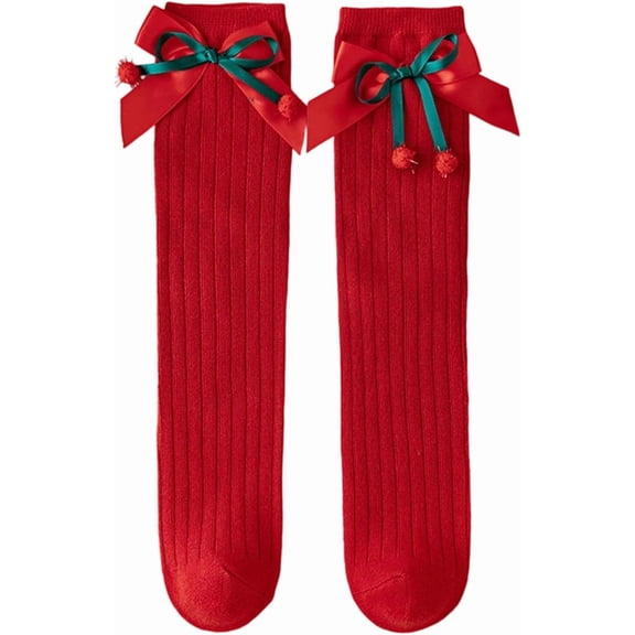 2 Pairs Girls Knee High Socks Ribbed Knit Comfortable Soft Christmas Long Socks with Bow,3-12 Years,15inch