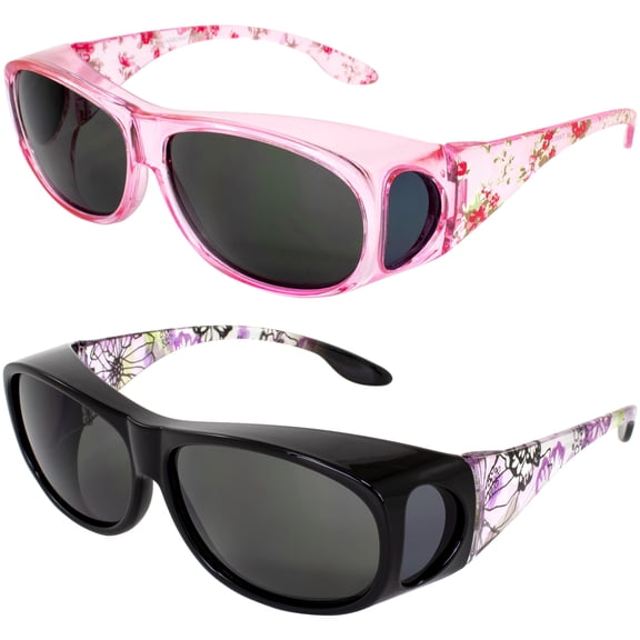 2 Pairs Global Vision Eyewear Fanfare 2 Sunglasses for Women Pink & Purple Floral Frames w/ Smoke Lenses, Fit Over Glasses