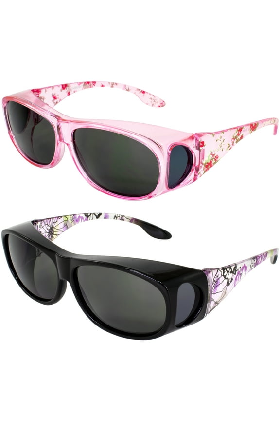 2 Pairs Global Vision Eyewear Fanfare 2 Sunglasses for Women Pink & Purple Floral Frames w/ Smoke Lenses, Fit Over Glasses