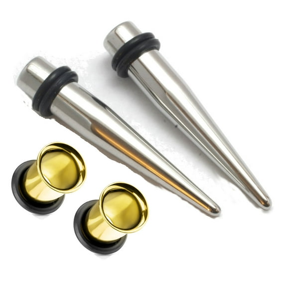 2 Pairs Gold Tunnels Steel Tapers plugs ear gauges kit-Gauge size=0g (8 mm)