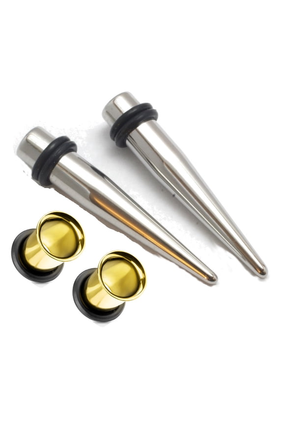 2 Pairs Gold Tunnels Steel Tapers plugs ear gauges kit-Gauge size=0g (8 mm)