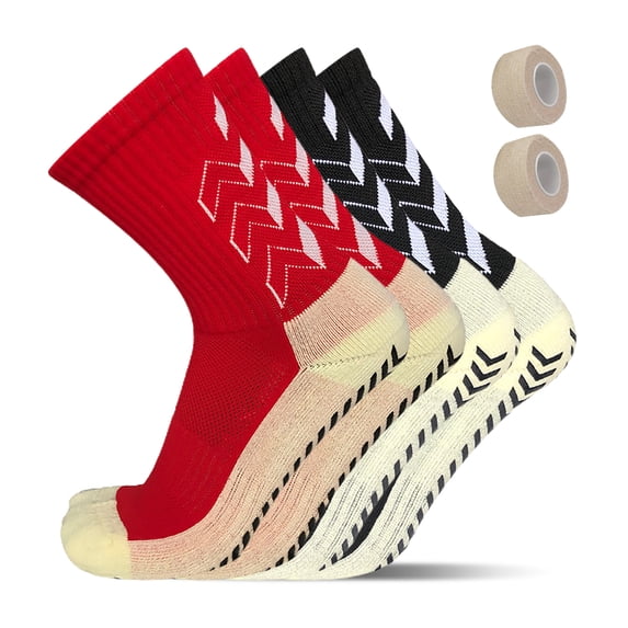 2 Pairs Grip Soccer Socks Men Non Slip Baseball Socks With 2 Rolls Shin Guard Fixed Bandage Tape Calf Socks For Baseball Softball Football