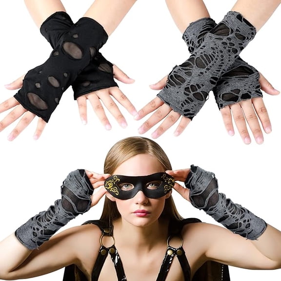 2 Pairs Half Finger Ripped Gloves, Gothic Black Fingerless Gloves, Cosplay Arm Warmers Gloves, Mittens for Halloween Costume Party