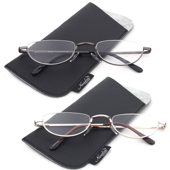 2 Pairs Half Rim Moon Shape Metal Frame Spring Hinge Reading Glasses for Men for Women, Reading Glasses + 1.00