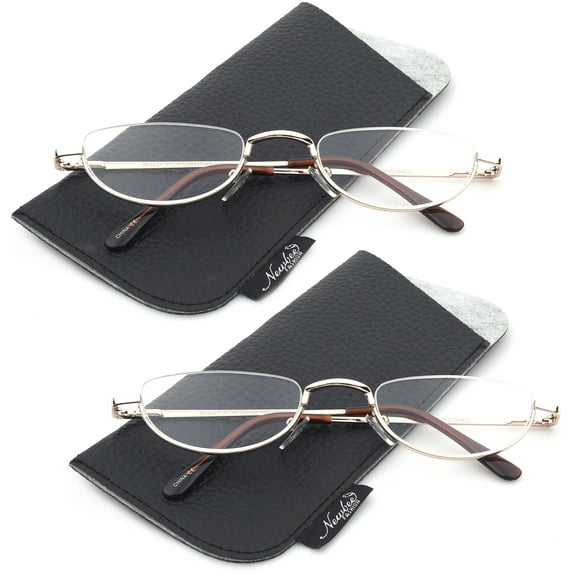 2 Pairs Half Rim Moon Shape Metal Frame Spring Hinge Reading Glasses for Men for Women, Reading Glasses + 2.50