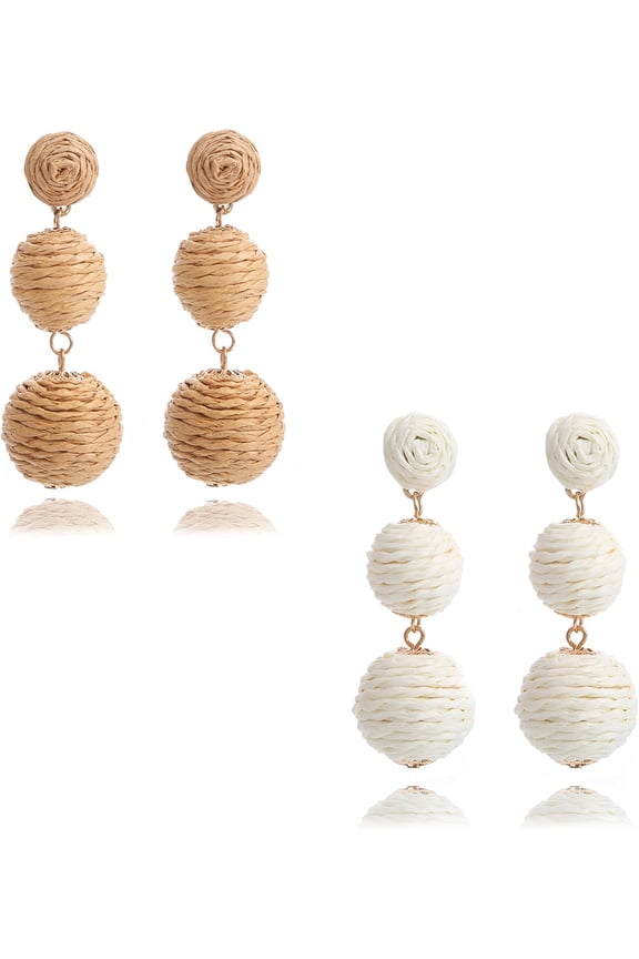 2 Pairs Handmade Raffia Rattan Bohemian Round Drop Dangle Earrings for Women, Boho Statement Cute Fun Hoop Earrings Set
