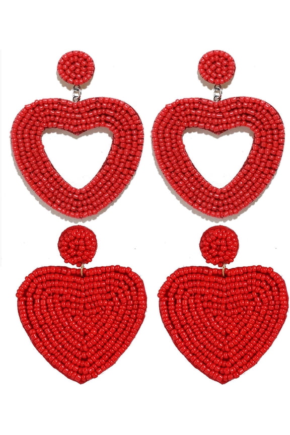 2 Pairs Handmade Seed Bead Love Heart-shaped Statement Exaggerate Colorful Dangle Drop Earrings Set Bohemian Valentine's Day Festival Jewelry for Women