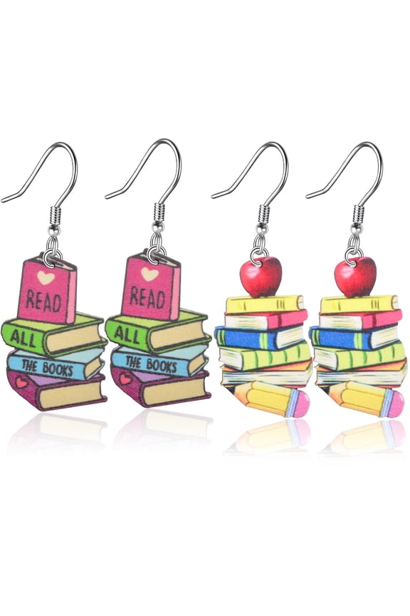 2 Pairs Handmade Wooden Stackable Book Pencil Dangle Earrings Fun Stack of Books Reading Earring Hooks Teacher Appreciation Gift for Librarian Student Graduation Back to School