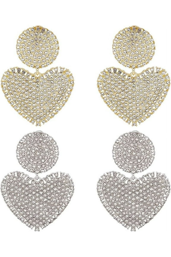 2 Pairs Heart Rhinestones Earrings for Women Studs Sparkling Double Heart Love Earrings Full Rhinestones Earrings Cute Cubic Zirconia Rhinestone for Wedding Party Jewelry Gifts colorful