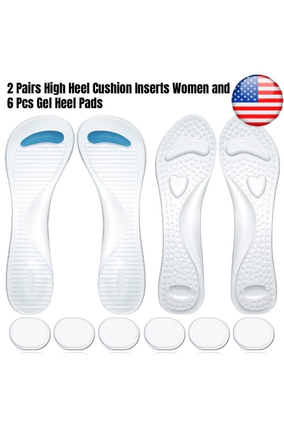 2 Pairs High Heel Cushion Inserts Women and 6 Pcs Gel Heel Pads, 3/4 Insoles Transparent Shoe Fillers Clear Gel Shoe Inserts for Women Self Adhesive Soft Silicone for Ladies Sandals