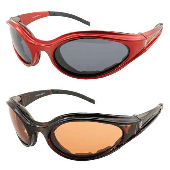 2 Pairs Hurricane Cyclone Foam Padded Riding Sunglasses Red Frame Polarized Smoke Lens Tortoise Frame + Driving Mirror Lens