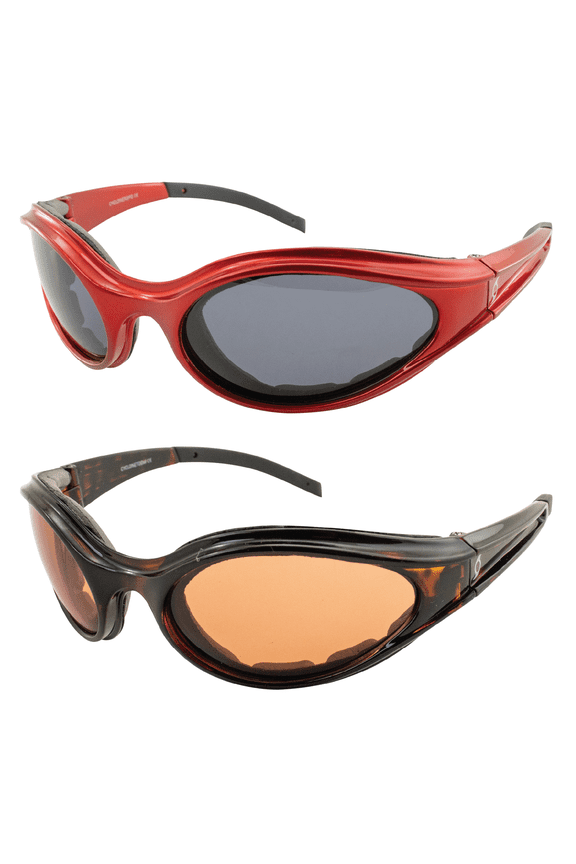 2 Pairs Hurricane Cyclone Foam Padded Riding Sunglasses Red Frame Polarized Smoke Lens Tortoise Frame + Driving Mirror Lens