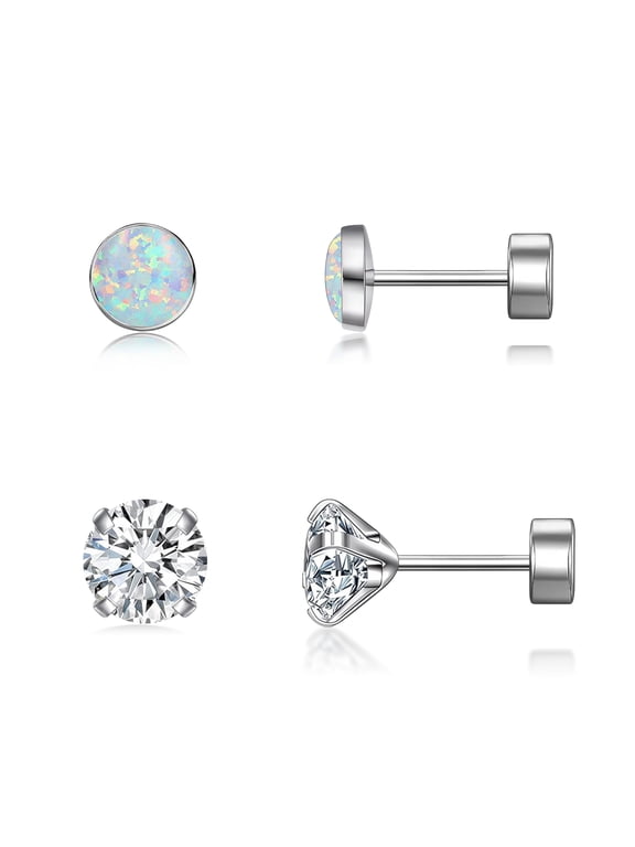 2 Pairs Hypoallergenic Implant Grade Titanium Stud Earrings for Sensitive Ears Women | Stackable 20G Simulated Pearl/Opal & CZ Flat Screw Back Sleeping Earrings