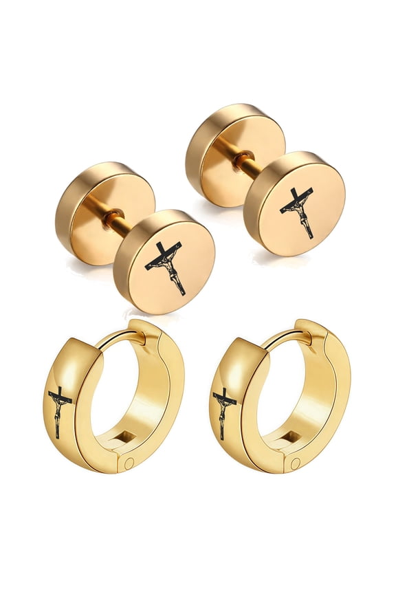 2 Pairs Jesus Cross Earrings For Men,Mens Stud / Huggie Earrings Stainless Steel 2 Sides Jesus Christian Crucifix Jewelry Inspirational Small Hoop Stud Earring for Him