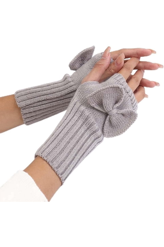 2 Pairs Knit Fingerless Gloves Bowknot Crochet Thumb Holes Gloves Hand Wrist Mitten for Women Writing Texting for making Gainsboro