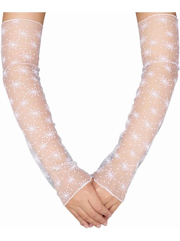 2 Pairs Lace Arm Sleeves Long Fingerless Transparent Gloves Flower Tulle Sheer Floral Sun Protection Arms Sleeve Elbow for Women Party Wedding Dress Performance Costume Decor Supplies White