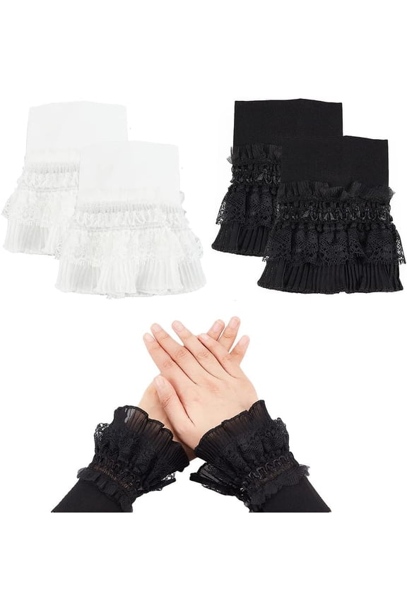 2 Pairs Lace Layered Jabot Cuffs Floral Lace Cuffs False Sleeves Lace Stretch Wrist Cuffs Women Short Lace Gloves for Wedding Dess Sweater Prom Opera Theme Party