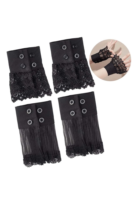 2 Pairs Lace Wrist Cuffs 2 Styles Black Gothic Floral Lace Cuffs Detachable False Sleeves Lace Stretch Wrist Cuffs Short Lace Gloves with Button