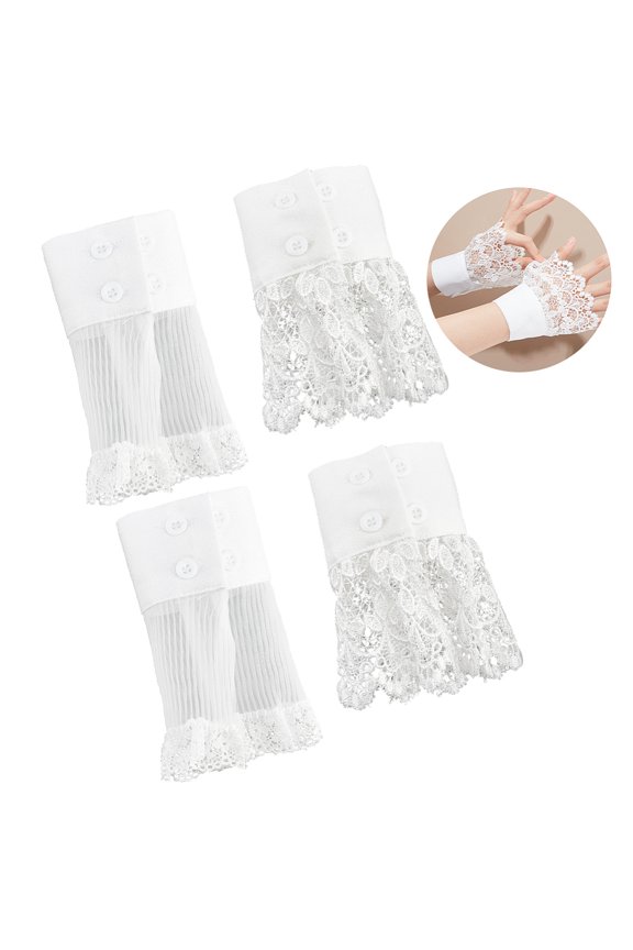 2 Pairs Lace Wrist Cuffs 2 Styles White Gothic Floral Lace Cuffs Detachable False Sleeves Lace Stretch Wrist Cuffs Short Lace Gloves with Button DIY