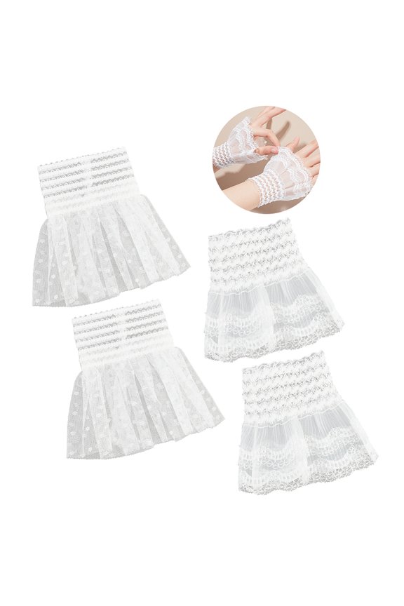2 Pairs Lace Wrist Cuffs 2 Styles White Gothic Floral Lace Ruffle Layered Cuffs Detachable False Sleeves Lace Stretch Wrist Cuffs Short Lace Gloves