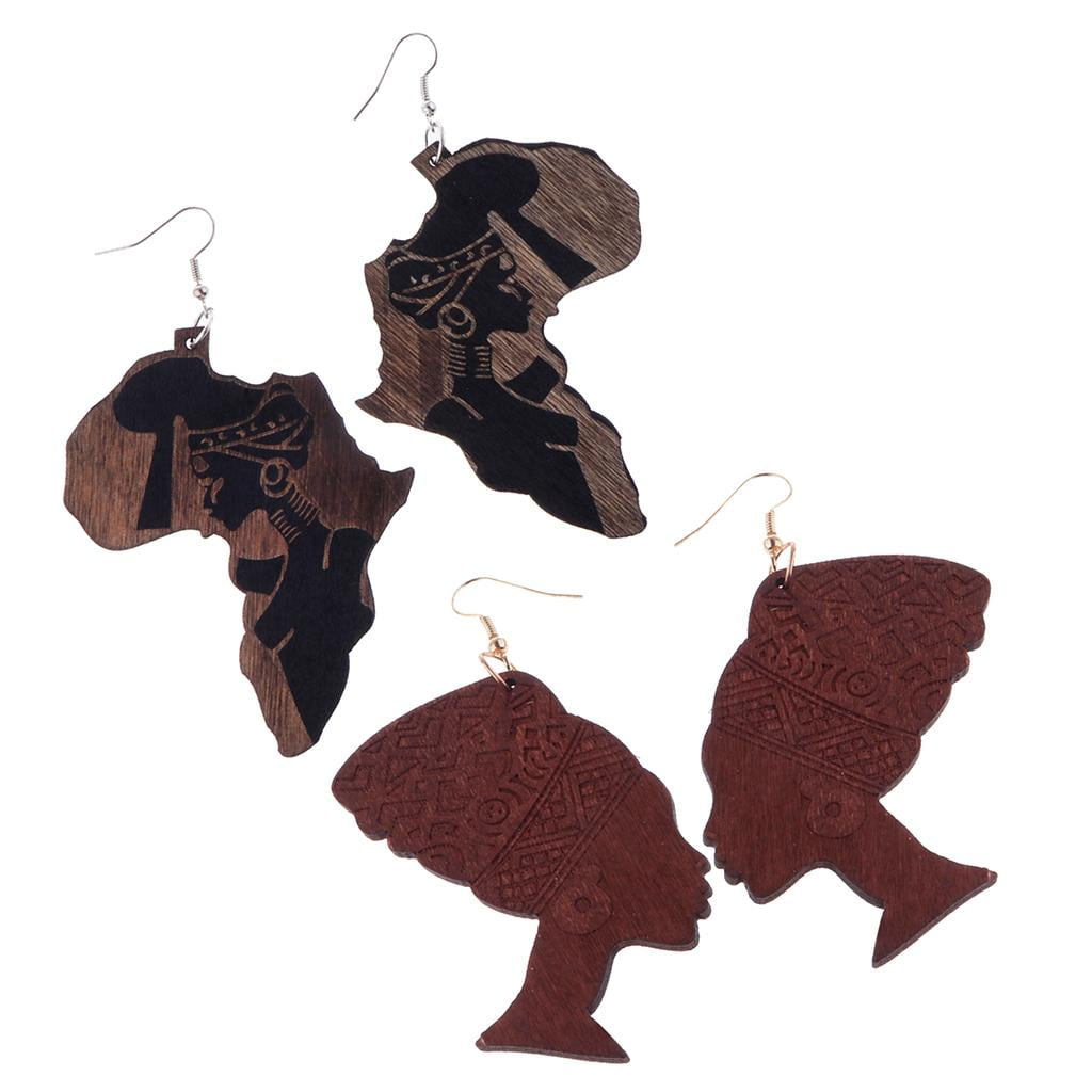 2 Pairs Juneteenth Earrings For Women - African Map & Queen Wooden Earrings, Black History Jewelry