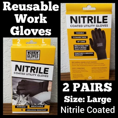 2 Pairs Large Reusable Breathable Utility Gloves - Working Auto Nitrile Coated