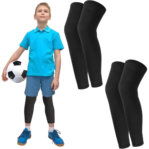 2 Pairs Leg Sleeves,Long Leg Compression Sleeve,Non-Slip Compression UV Leg Sleeves,Sports Long Knee Sleeve for Boys Girls Youth Basketball Running Sports Cycling,Medium,Black