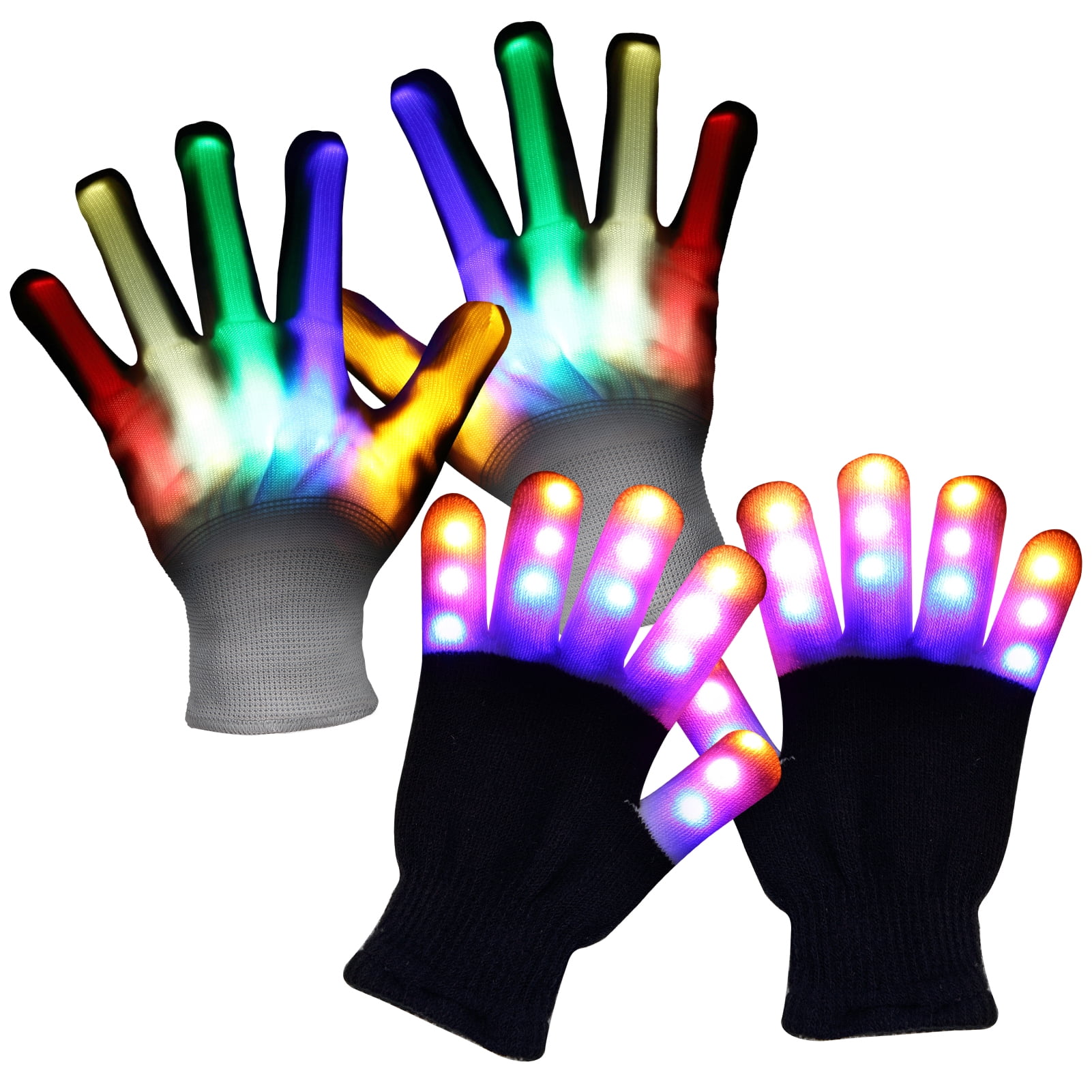 2 Pairs Light Up Gloves for Kids Teens, Flashing Led Gloves with 2 Styles (5 Colors/6 Modes and