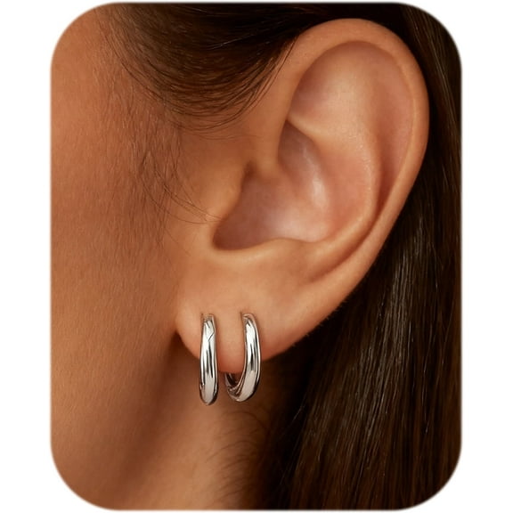 2 Pairs Lightweight Tiny Huggie Hoops Earrings for Women, Small Sterling Silver Hoop Earrings Set, Hypoallergenic Silver Mini Cartilage Earrings Pack for Ear Piercing