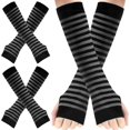 thumbnail image 1 of 2 Pairs Long Arm Warmers Knit Fingerless Gloves Thumb Hole Stretchy Accessories Women Stripe Gloves, 1 of 5