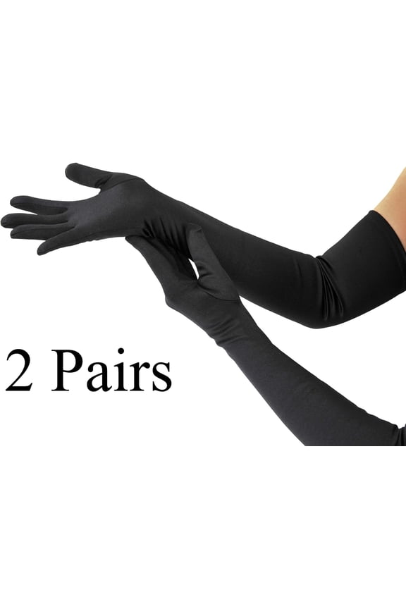 2 Pairs Long Black Opera Gloves for Women, 1920s Satin Stretchy Elbow Length Party Gloves Costumes Bridal, 20inch