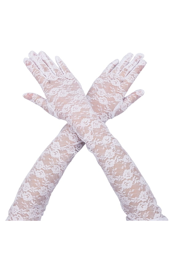 2 Pairs Long Elegant Opera Flower Lace Gloves Polyester Vintage White Floral Tea Party Lace Gloves Arm Elbow Length Bulk Women Evening Party