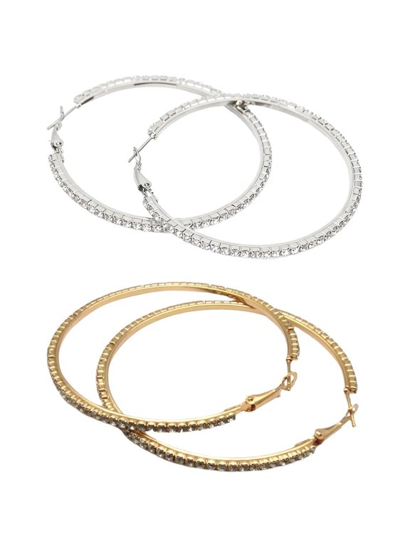 2 Pairs Loop Earrings, 3.1 In Crystal Rhinestone Hoops, Statement Jewelry, Gold And Silver Accessories