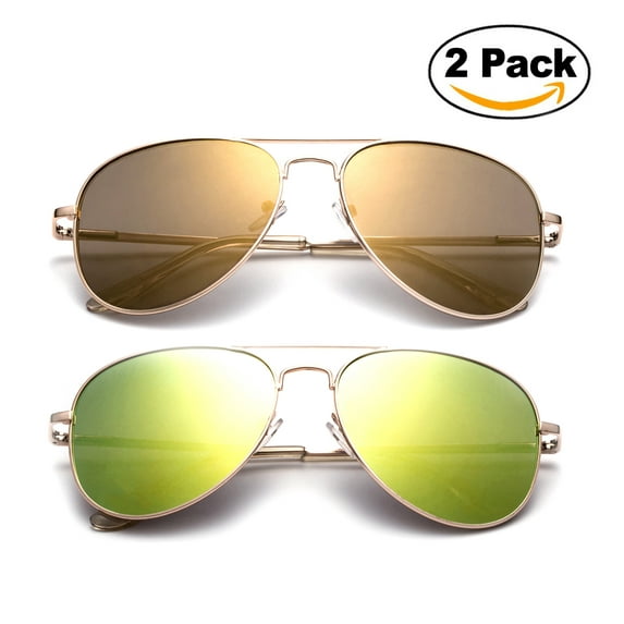 2 Pairs "Lukia" Classic Aviator Design Flash Mirror Flat Lenses with UV Protection