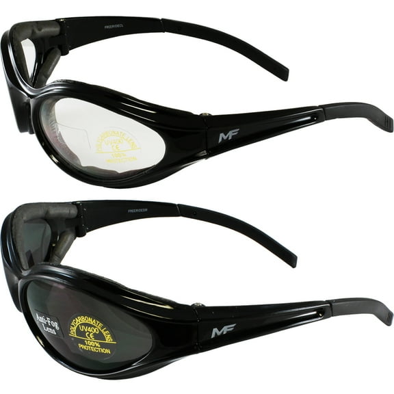 2 Pairs MF Eyewear Freeride Padded Motorcycle Riding Glasses Black w/Clear & Smoke Lens