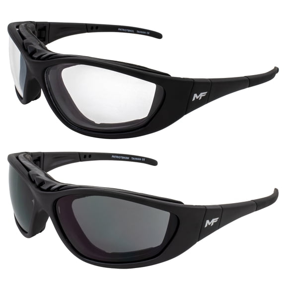 2 Pairs of MF Eyewear Patriot Padded Bifocal Motorcycle Riding Safety Glasses Black w/Clear & Smoke Lenses +1.0 Magnification Z78.1+ Glasses Convert to Goggles