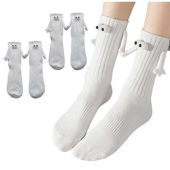2 Pairs Magnetic Holding Hands Socks Funny Gifts For Couples, Anniversary, Best Friends, Engagements, Teens (White)