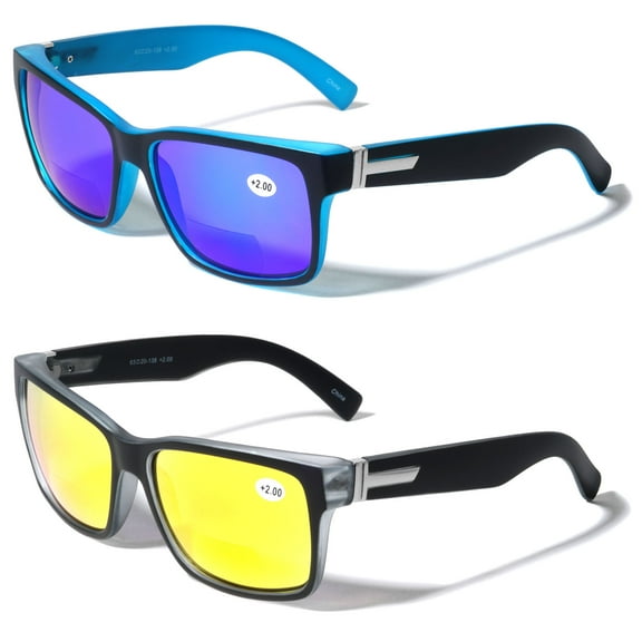 2 Pairs Men Bifocal Large Wide Fitment 150mm Reading Sunglasses - Outdoor Readers Glasses Color Mirror Lens +1.00