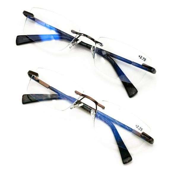 2 Pairs Men Premium Metal Rimless Modern Rectangular Anti-Blue Blocker Reading Glasses - Clear Lens Reader Carbon Temple Print +1.75