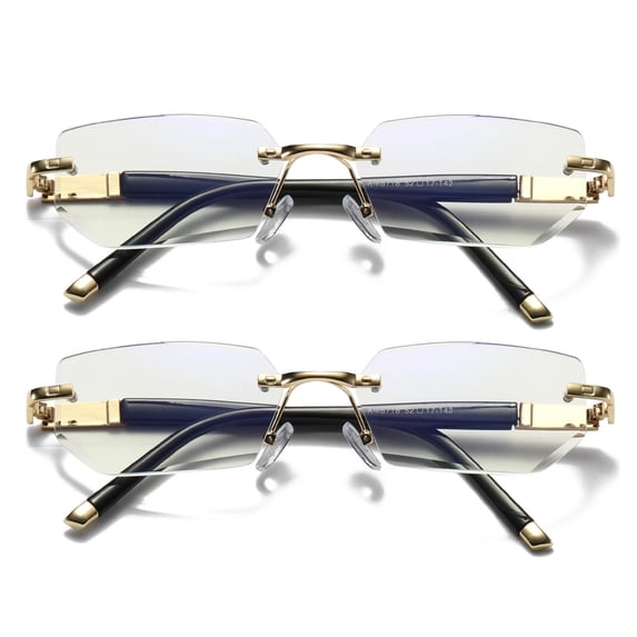 2 Pairs Mens Diamond Shape Rimless Blue Light Blocking Reading Glasses Metal Readers +2.00
