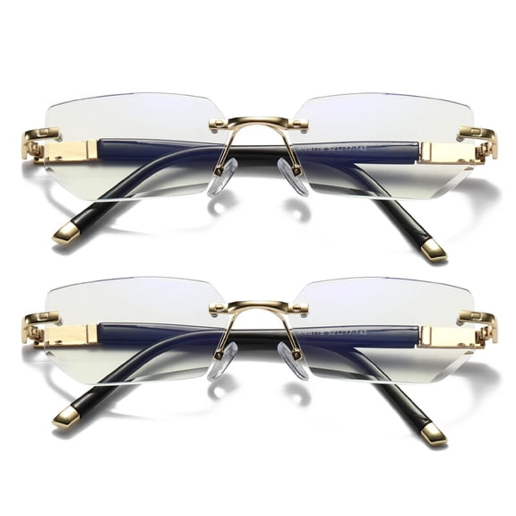 2 Pairs Mens Diamond Shape Rimless Blue Light Blocking Reading Glasses Metal Readers +2.50