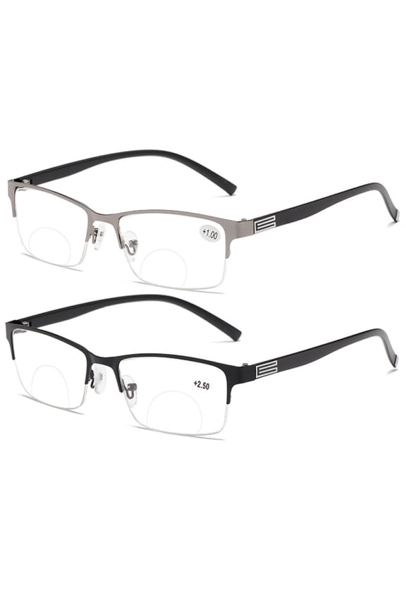 2 Pairs Mens Half Rimless Rectangle Bifocal Reading Glasses 4.00 Anti-blue Light Classic Business Readers Metal Presbyopic Glasses