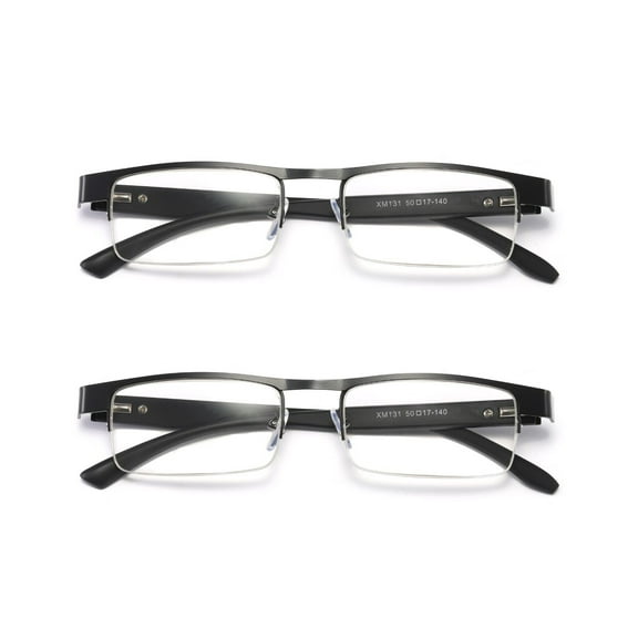 2 Pairs Mens Rectangular Metal Half Frame Reading Glasses Spring Hinge Black Readers +2.00