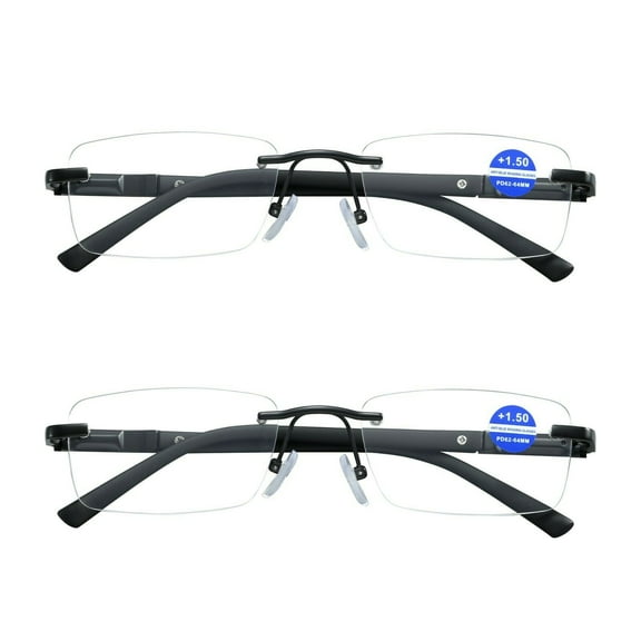 2 Pairs Mens Rectangular Rimless Blue Light Blocking Reading Glasses Spring Hinge Readers +1.00