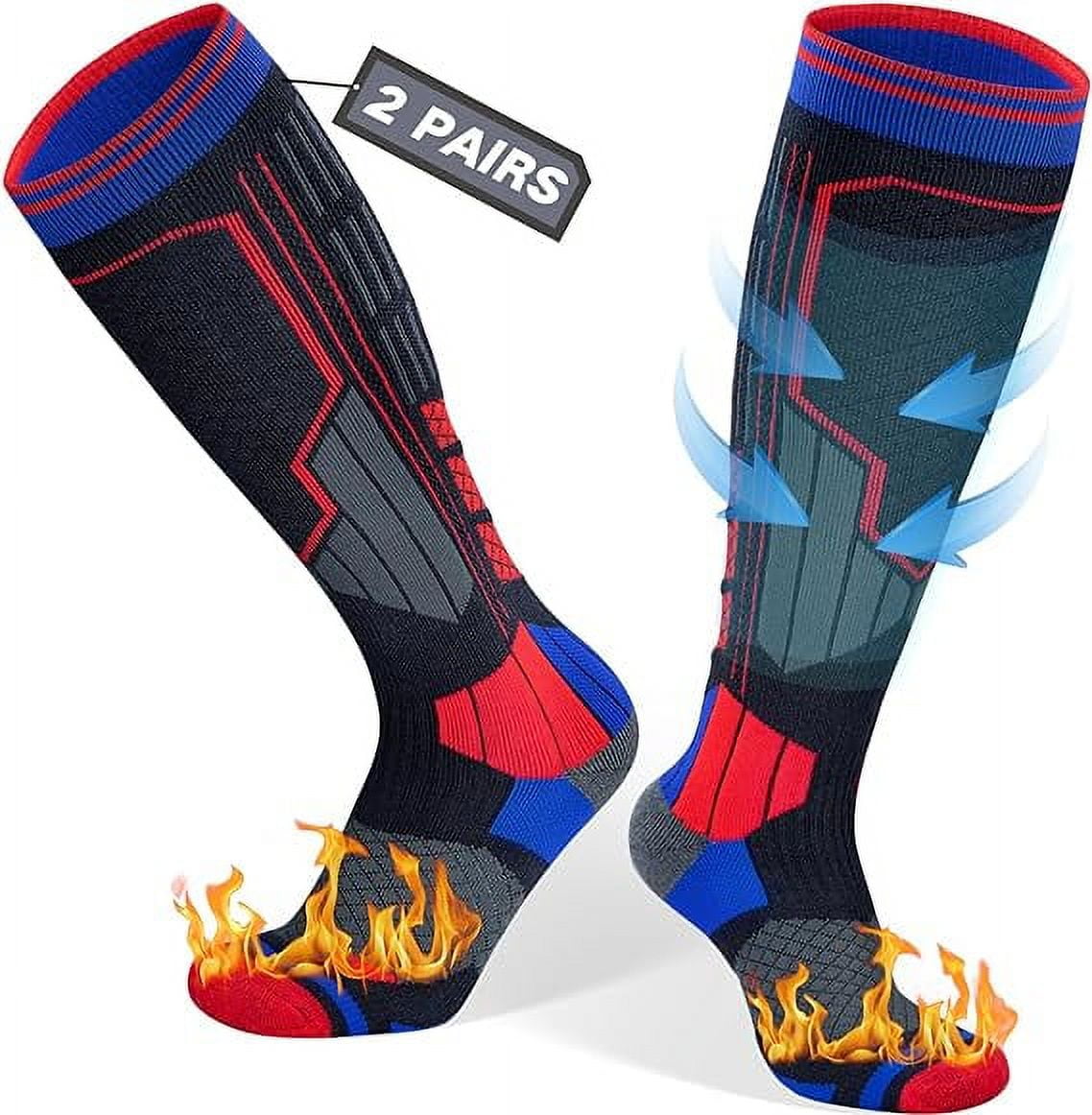 2 Pairs Merino Wool Ski Socks, Men Women Compression Snowboard Winter Thermal Socks for Skiing, Snowboarding, Cold Weather, Winter (Redblue USA Size 13-16)