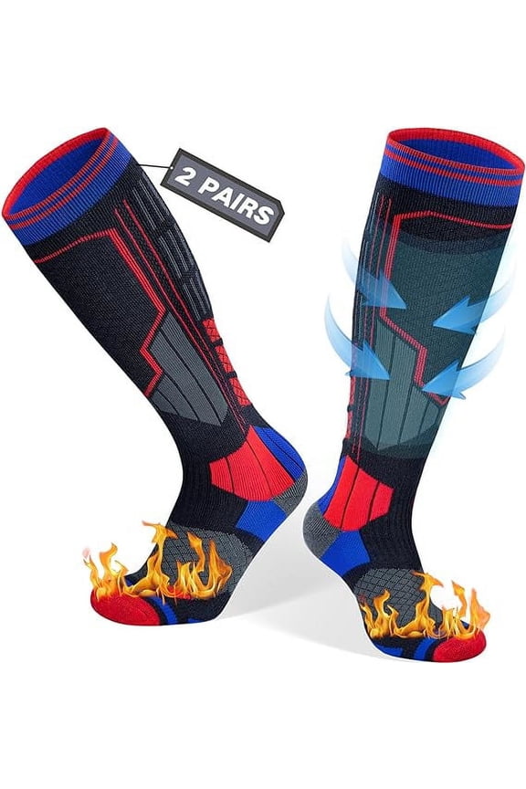 2 Pairs Merino Wool Ski Socks, Men Women Compression Snowboard Winter Thermal Socks for Skiing, Snowboarding, Cold Weather, Winter (Redblue USA Size 6.5-8)