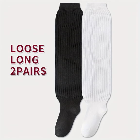 2 Pairs - Micro Fleece Style - Wide Body MM Calf Socks Female Japanese Cute Long Tube Stacked Socks White Vertical Stripes Long Socks Leg Covers