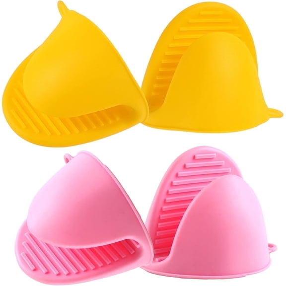 HEETLY Silicone Pinch Grips, 2-Pairs (4-Piece) Mini Oven Mitts & Pot Holders Set, 446°F Heat Resistant, Yellow & Pink